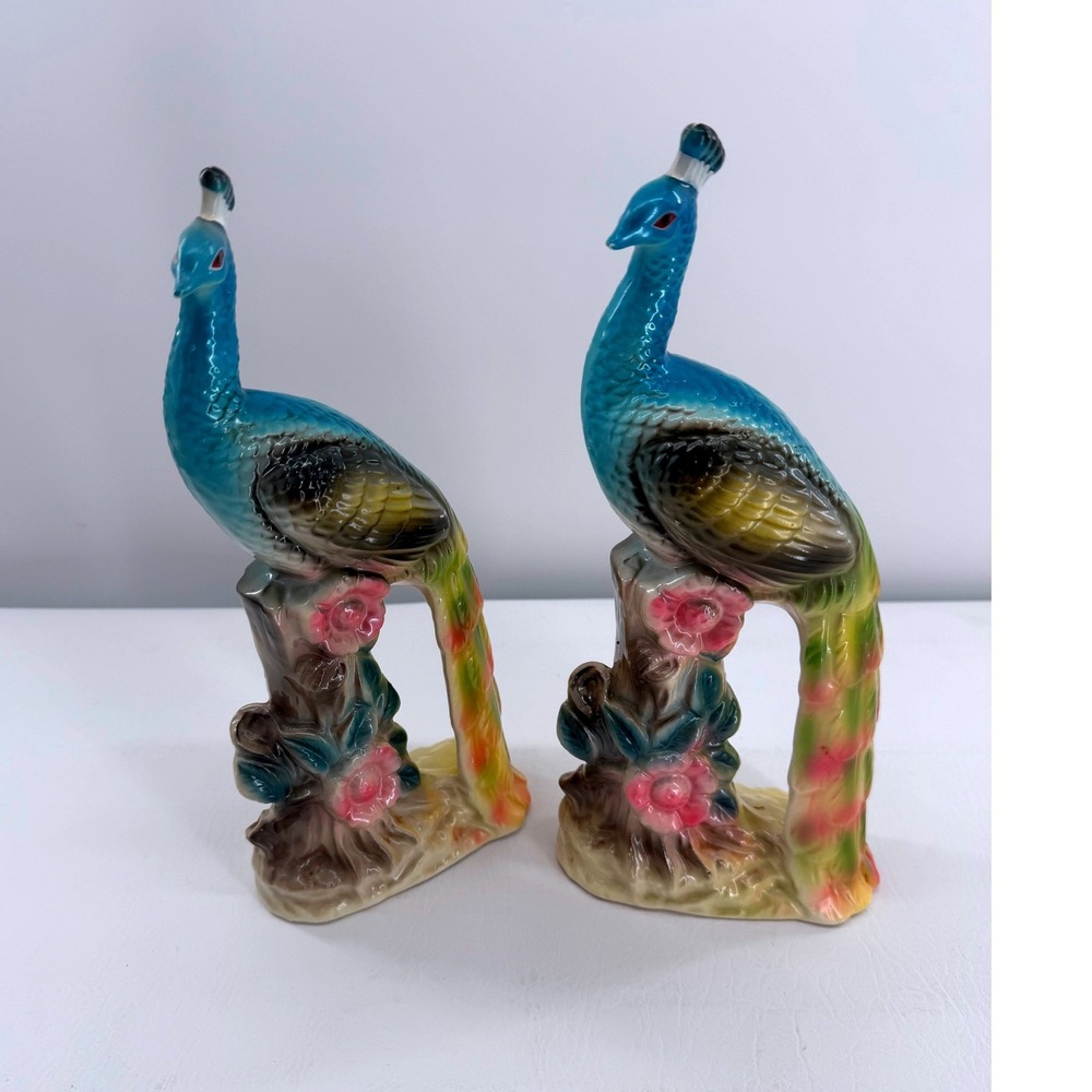 Du-Ray Co Peacock Figurines Set of 2 Ceramic Mid-Century Modern Decor Statues